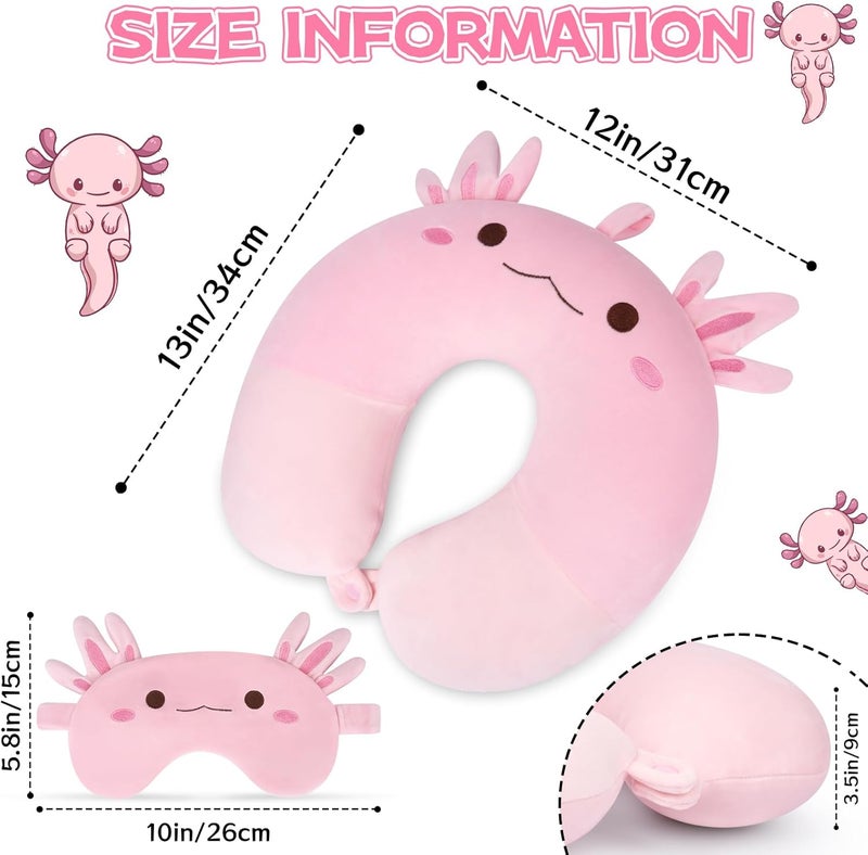 JEROKUMI Kids Travel Pillow, Kid Neck Pillows with Eye Mask Cute Axolotl U Shaped Neck Pillow, Neck Support Travel Pillow for Road Trip, Airplane, Travel Pillow for Kids & Adults - Image 3